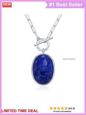 Oval Lapis Lazuli Pendant Necklace 925 Sterling Silver Paperclip Chain 18 Inch